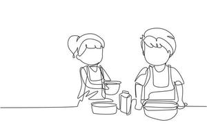 Continuous one line drawing siblings boy and girl baking together with rolling pin at kitchen counter. Happy kids making homemade bakery at home. Single line draw design vector graphic illustration