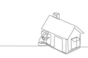 Single one line drawing cute little boy playing in house made of cardboard boxes. Creative child sitting in playhouse. Kid leisure time. Modern continuous line draw design graphic vector illustration