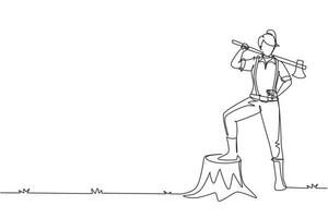 Single one line drawing pretty woman lumberjack wearing shirt, jeans, boots. Holding on her shoulder a ax posing with one foot on a tree stump. Continuous line draw design graphic vector illustration