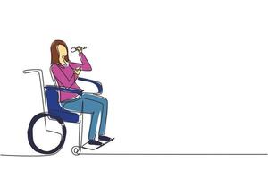 Continuous one line drawing disabled person enjoying life. Beauty woman sitting in wheelchair singing at karaoke bar. Spend time in recreational place. Single line draw design vector illustration