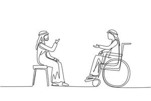 Single continuous line drawing two Arabian people sitting chatting, one using chair, one using wheelchair. Friendly man are talking to each other, human disabled society. One line draw design vector