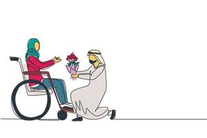 Single continuous line drawing Arab male and disabled female in wheelchair. Man give bouquet of flower to woman. Caregiver, family moral support. Disability rehabilitation. One line draw design vector