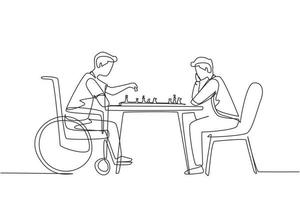 Single one line drawing disabled man in wheelchair plays chess with friend. People on social adaptation, hobby, tolerance, inclusive, accessibility and diversity. Continuous line draw design vector