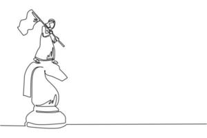 Continuous one line drawing Arabian businessman standing on top of big horse knight chess and waving a flag. Business achievement goal, metaphor concept. Single line draw design vector illustration