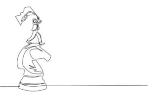 Single continuous line drawing businessman standing on top of big horse knight chess and waving a flag. Business achievement goal, metaphor concept. One line draw graphic design vector illustration