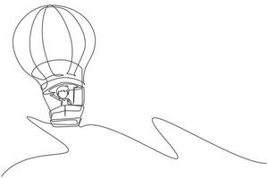 Single one line drawing little boy aeronaut in hot-air balloon at sky. Happy kids riding hot air balloon. Children on hot air balloon adventure. Continuous line draw design graphic vector illustration