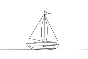 dibujo de una sola línea pequeño velero, barco, velero, estilo plano. icono o símbolo de barco de juguete, velero, velero con velas blancas. ilustración de vector gráfico de diseño de dibujo de línea continua