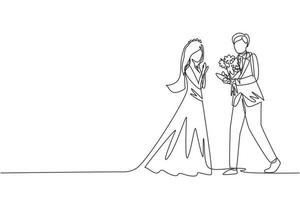 Single one line drawing man making proposal marriage to woman with bouquet. Boy surprises his girl wearing wedding dress and giving flowers. Love relation. Continuous line draw design graphic vector