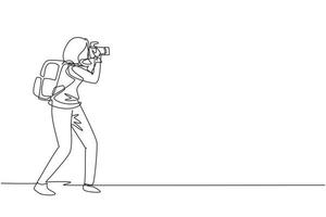 Single one line drawing woman photographer or paparazzi taking photo with modern digital cameras with angles. Journalists or reporters with backpack making pictures. Continuous line draw design vector