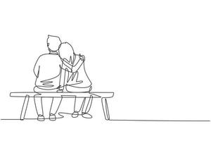 Continuous one line drawing romantic couple chatting and hugging while sitting on bench. Happy couple getting ready for wedding. Engagement and love relation. Single line draw design vector graphic