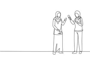 Single one line drawing Arabic business woman giving an interview in presence of journalist with dictaphone. Female tv reporter interviewing questions. Continuous line draw design vector illustration