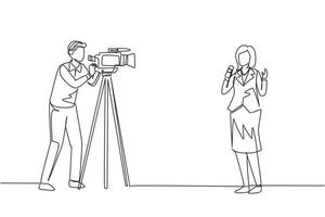 Single continuous line drawing journalist. Woman reporter. Journalists to report. Two journalists. Team of woman reporter journalist man operator broadcasting. One line draw design vector illustration