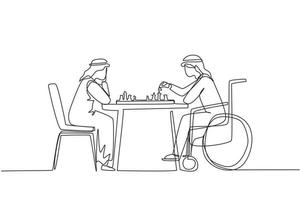 Continuous one line drawing disabled Arab man in wheelchair plays chess with friend. People on social adaptation, hobby, tolerance, inclusive, accessibility, diversity. Single line draw design vector