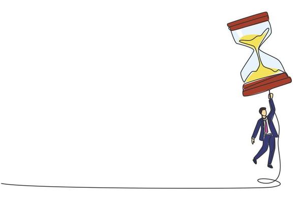 Continuous one line drawing successful businessman flying with hourglass balloon. Business time management. Success, champion, victory, sandglass. Single line draw design vector graphic illustration