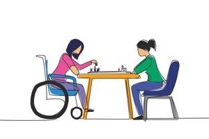 Single one line drawing disabled woman in wheelchair plays chess with friend. People on social adaptation, hobby, tolerance, inclusive, accessibility and diversity. Continuous line draw design vector