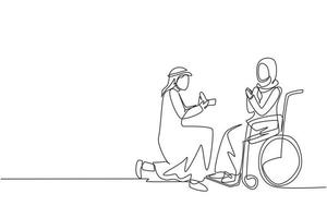 Single continuous line drawing Arabian man stand on knee with engagement ring in hands in front of disabled woman sitting on wheelchair, loving relations, person marriage. One line draw design vector