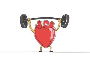 Continuous one line drawing sports fitness design concept of human heart organ doing exercises with  barbell. Healthy heart showing strength by lifting heavy barbell. Single line draw design vector