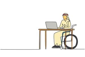 Continuous one line drawing young Arabian man uses wheelchair and working with computer in office. Online job and startup. Physical disability. Single line draw design vector graphic illustration