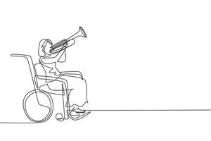 Single one line drawing beautiful female in wheelchair playing trumpet during music lesson. Physically disabled. Person in hospital. Rehabilitation center patient. Continuous line design vector