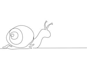 Single one line drawing common garden snail crawling. Snail animal mascot for food logo identity. High nutritious escargot healthy food concept. Continuous line draw design graphic vector illustration