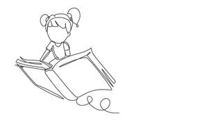 Single continuous line drawing little girl student or preschooler flying on magic book. Happy kids flying on the book. Knowledge power concept. Dynamic one line draw graphic design vector illustration