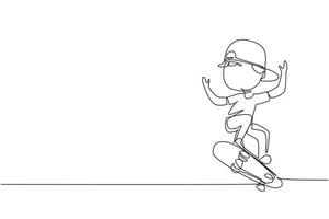 Continuous one line drawing happy smiling boy playing on skateboard. Kid accelerating doing jumping. Children on skateboarding ride at playground. Single line draw design vector graphic illustration