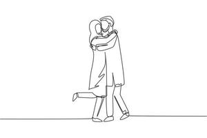 Single continuous line drawing cute Arab couple in romantic pose. Happy man hugging his partner woman. Intimacy celebrates wedding anniversary. Dynamic one line draw graphic design vector illustration