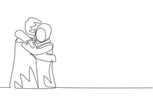 Single one line drawing Arabian girl is hugging boy with smile. Happy man hugging and embracing woman. Couple dating characters. Happy family concept. Modern continuous line draw design graphic vector