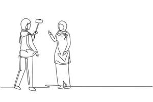 Continuous one line drawing professional shooting team record video interview for vlog with smartphone, monopod stick. Arab woman journalist as news anchor. Single line draw design vector illustration