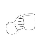 Continuous one line drawing hand holds a hot chocolate mug by the handle. Relax time in the morning. Human hand is holding a ceramic cup with coffee or tea. Single line draw design vector illustration