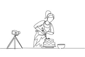 Single continuous line drawing girl baking and decorating cake at kitchen. Woman blogger recording video on camera, using tripod, posting it on social media. One line draw design vector illustration