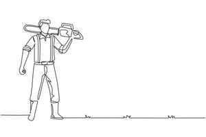 Continuous one line drawing woodcutter holding chainsaw on his back. Wearing suspender shirt, jeans and boots. Lumberjack pose on logging forest. Single line draw design graphic vector illustration