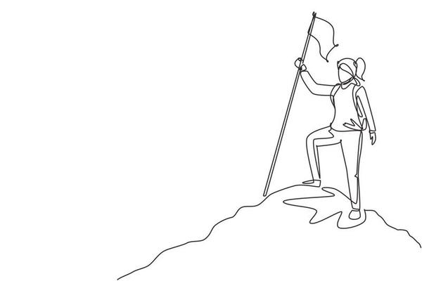 Single one line drawing woman climber standing on top of mountain with flag. Young smiling mountaineer climbing on rock. Adventure tourism trip. Continuous line draw design graphic vector illustration