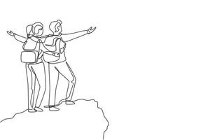 Single one line drawing couple climber man woman stands with arms outstretched on top of mountain. Winner motivational concept. Tourist with backpack. Continuous line draw design vector illustration
