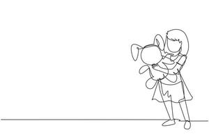 Single continuous line drawing portrait of smiling little girl hugging teddy bear at home. Childhood, toy. Little girl playing with teddy bear. Dynamic one line draw graphic design vector illustration