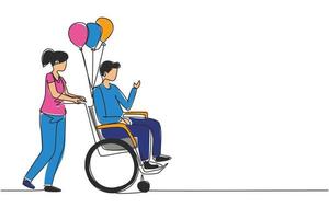 Continuous one line drawing disability people scene concept. Woman carries disabled man in wheelchair. Accessibility, rehabilitation invalid person, people activities. Single line draw design vector