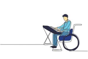 Single continuous line drawing handsome male keyboardist sit wheelchair playing electric keyboard, sing song. Physically disabled. Rehabilitation center. One line draw design vector illustration