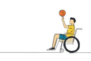 Single continuous line drawing young guy in wheelchair plays basketball. Disabled person spins basketball on his finger. Exercise for people with disabilities. One line draw design vector illustration