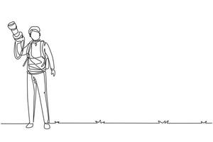 Single continuous line drawing young cheerful professional male photographer with camera joy make photography taking nature, traveling concept. Dynamic one line draw graphic design vector illustration