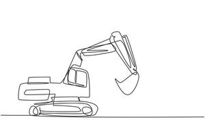 Single continuous line drawing digger hydraulic excavator with dipper. Heavy automobile. Auto in flat design. Children's toy hydraulic excavator. One line draw graphic design vector illustration