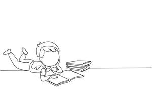 Continuous one line drawing little baby boy is reading book and dreaming lying on floor. Pile of books. Source of knowledge. Intelligent student. Single line draw design vector graphic illustration