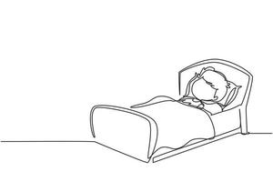 Single one line drawing cute boy sleeping on tonight dreams, good night and sweet dreams. Happy little child sleep in bed room. Kid sleeping. Continuous line draw design graphic vector illustration