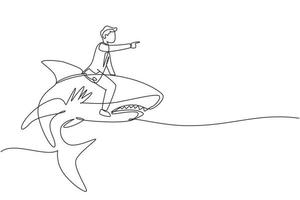 Continuous one line drawing brave businessman riding huge dangerous shark. Professional entrepreneur male character fight with predator. Successful business man. Single line draw design vector graphic