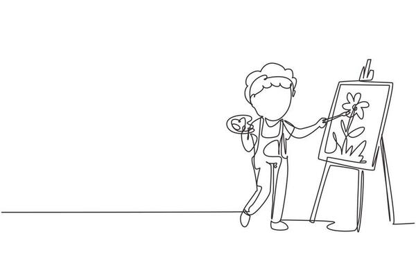 Single continuous line drawing happy cute little kid boy draw on canvas. Happy child painting on easel. Smiling boy with brush and paints. Dynamic one line draw graphic design vector illustration