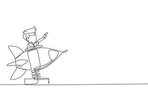 Continuous one line drawing little boy riding in toy rocket. Kid driving spaceship in amusement park. Child in rocket riding cosmic ship. Playground for preschoolers. Single line draw design vector