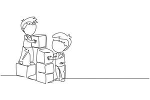 Single one line drawing two little boys playing blocks toys together. Educational toys. Children playing designer cubes, developmental constructor. Continuous line design graphic vector illustration