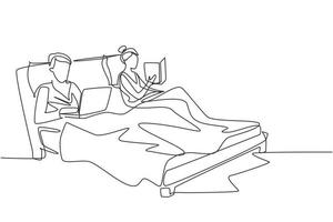 Single continuous line drawing couple spending time in bed with comfortable mattress before falling asleep. Man with laptop, surfing internet. Woman, reading bedside book. One line draw graphic vector