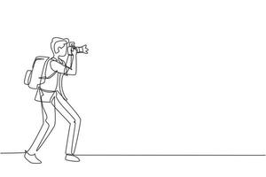 Continuous one line drawing photographer or paparazzi taking photo with modern digital cameras from all angles. Journalists or reporters with backpack making pictures. Single line draw design vector