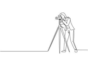 Single continuous line drawing woman paparazzi design concept with photographer shooting appearance of show business stars or other celebrities with tripod. One line draw design vector illustration