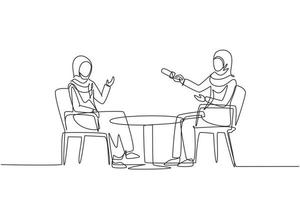 Single one line drawing talk show studio with interviewing, discussing hosts. People recording tv program, Arab woman journalist questioning guest star. Continuous line draw design vector illustration